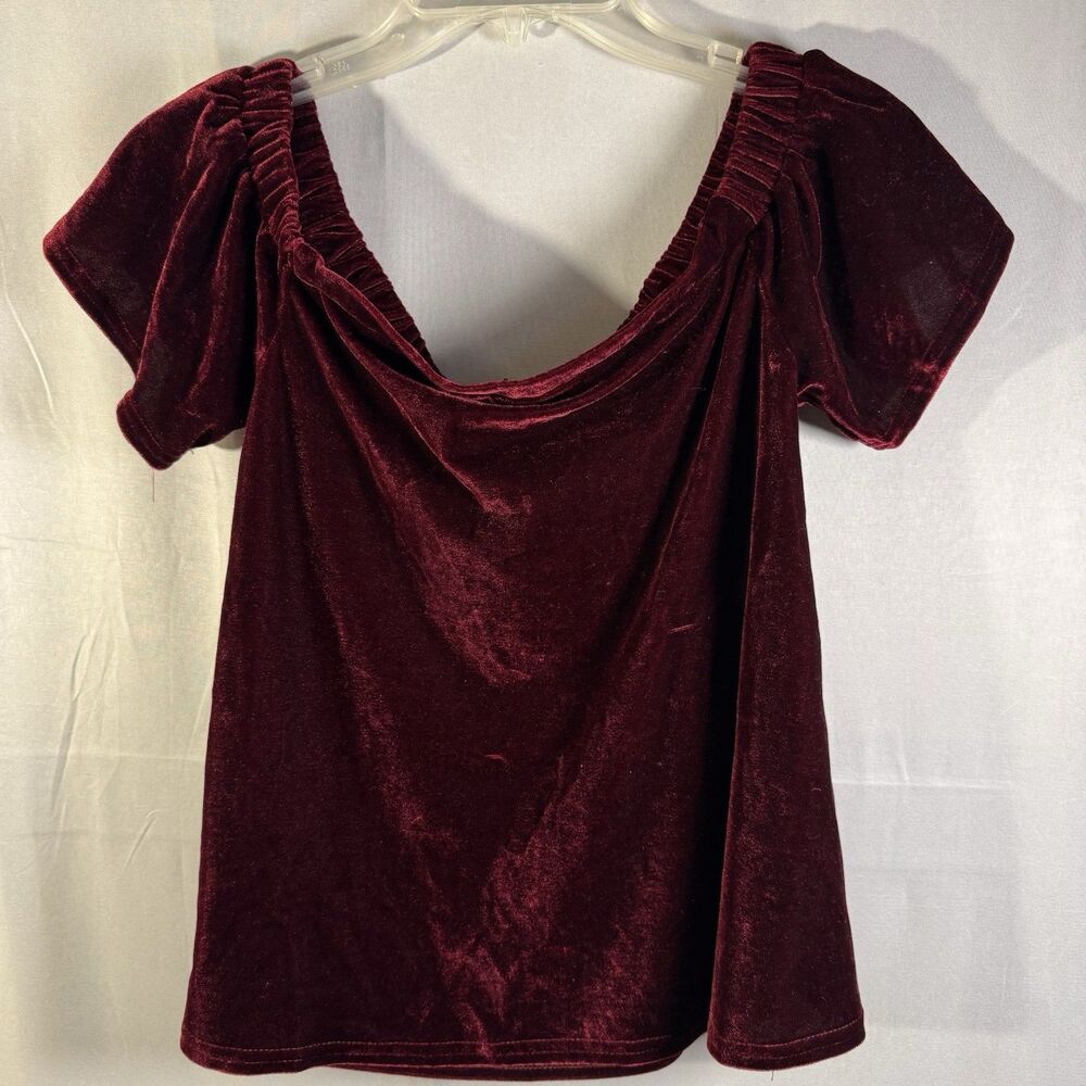 Dee Ely Velvet Top Women’s Large Burgundy Short Sleeve Ruched Scoop Neck Party